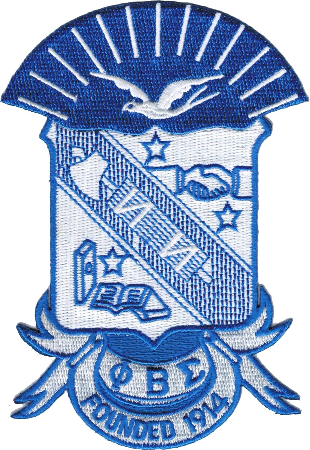Blue and white emblem with stars, an open book, and a dove above.