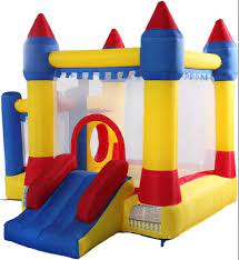 Colorful inflatable bounce house with slide and turrets.